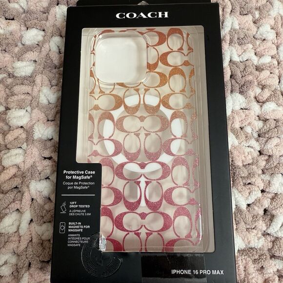 Coach iPhone 16 Pro Max MagSafe Protective Case Signature C  Pink Sparkle Ombré - Picture 1 of 5